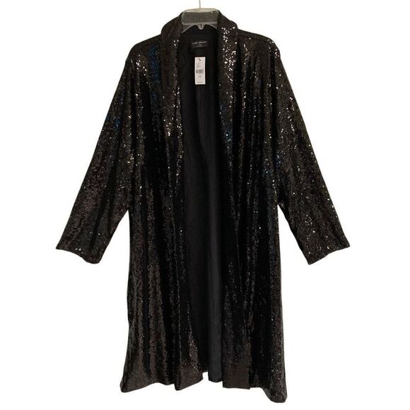 Lane Bryant black sequin long duster open front kimono womens 24 long sleeve NEW - Picture 2 of 12